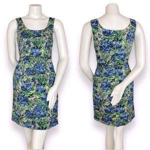 Yoana Baraschi Anthropologie Dress Floral Sheath‎ Women Size 10 Blue Green Retro